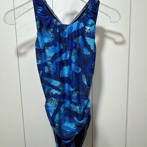 TYR Vibrant Blue Mosaic Swimsuit size 32 medium EUC